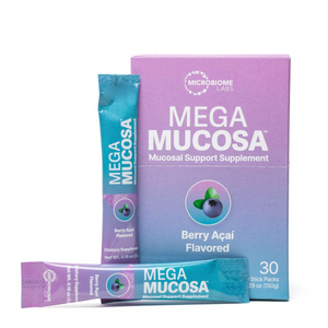 Microbiome Labs MegaMucosa Powder Berry Acai 30 stick packs 10% off RRP at HealthMasters Microbiome Labs