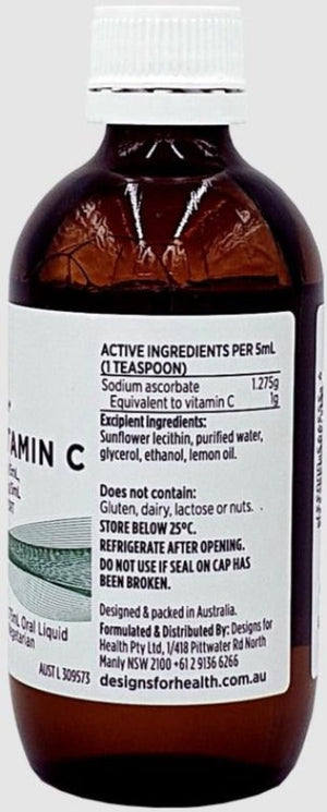 Designs For Health Liposomal Vitamin C 175ml Side 1 10% off RRP at HealthMasters Design For Health Ingredients